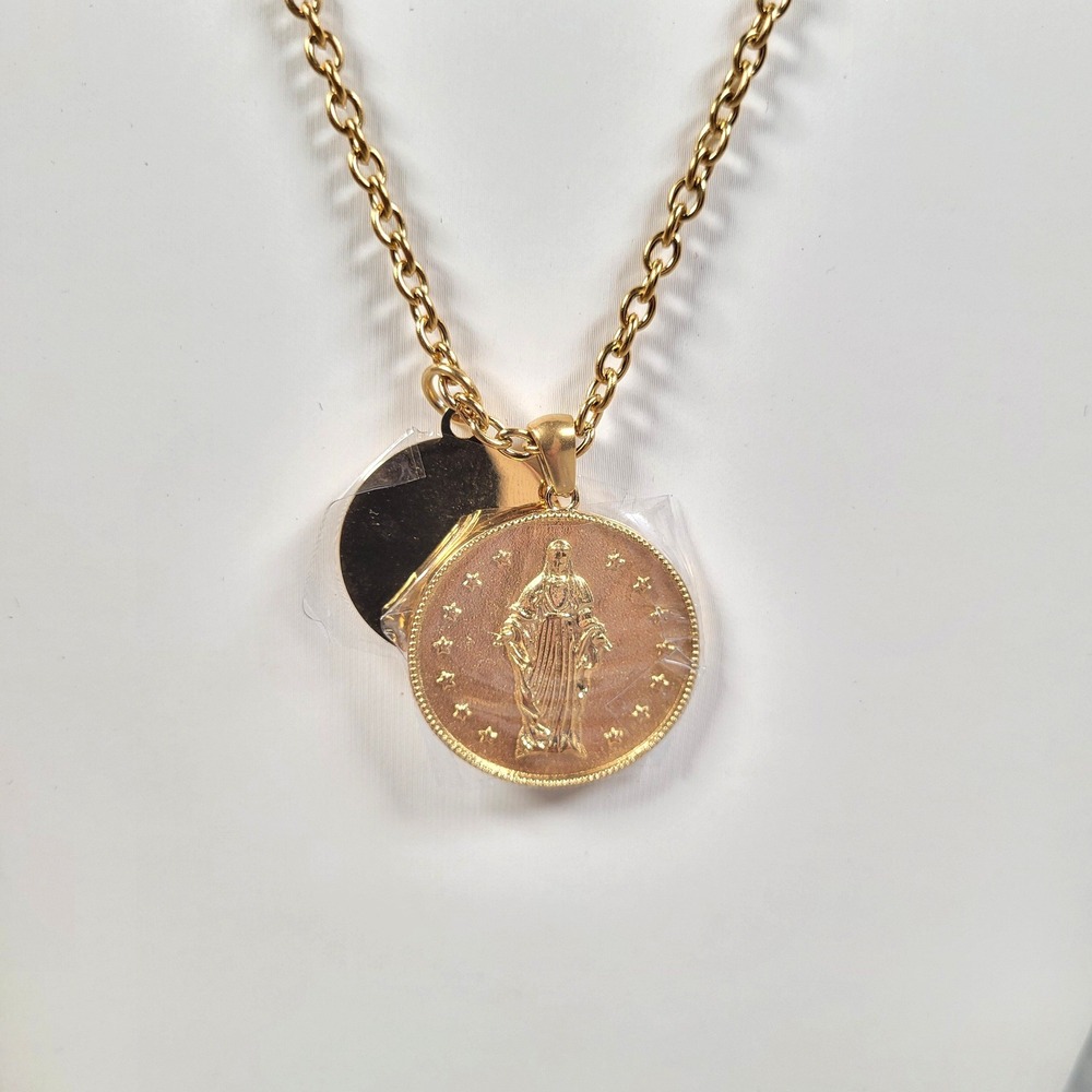 Charles & Co Gold Tone Religious Medal Virgin Mary Coin Pendant Necklace